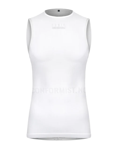 Camisola desportiva branca sem mangas com texto impresso