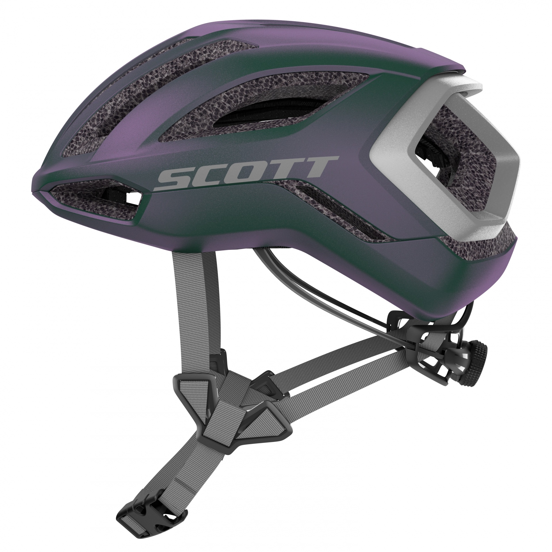 Capacete de ciclismo SCOTT verde e roxo com cintas ajustáveis cinza