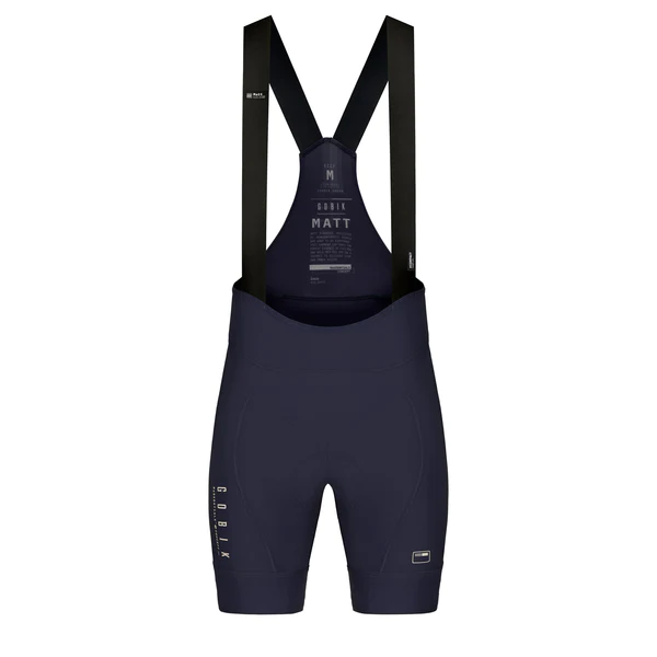 Calções de ciclismo azuis escuros com alças pretas e texto branco