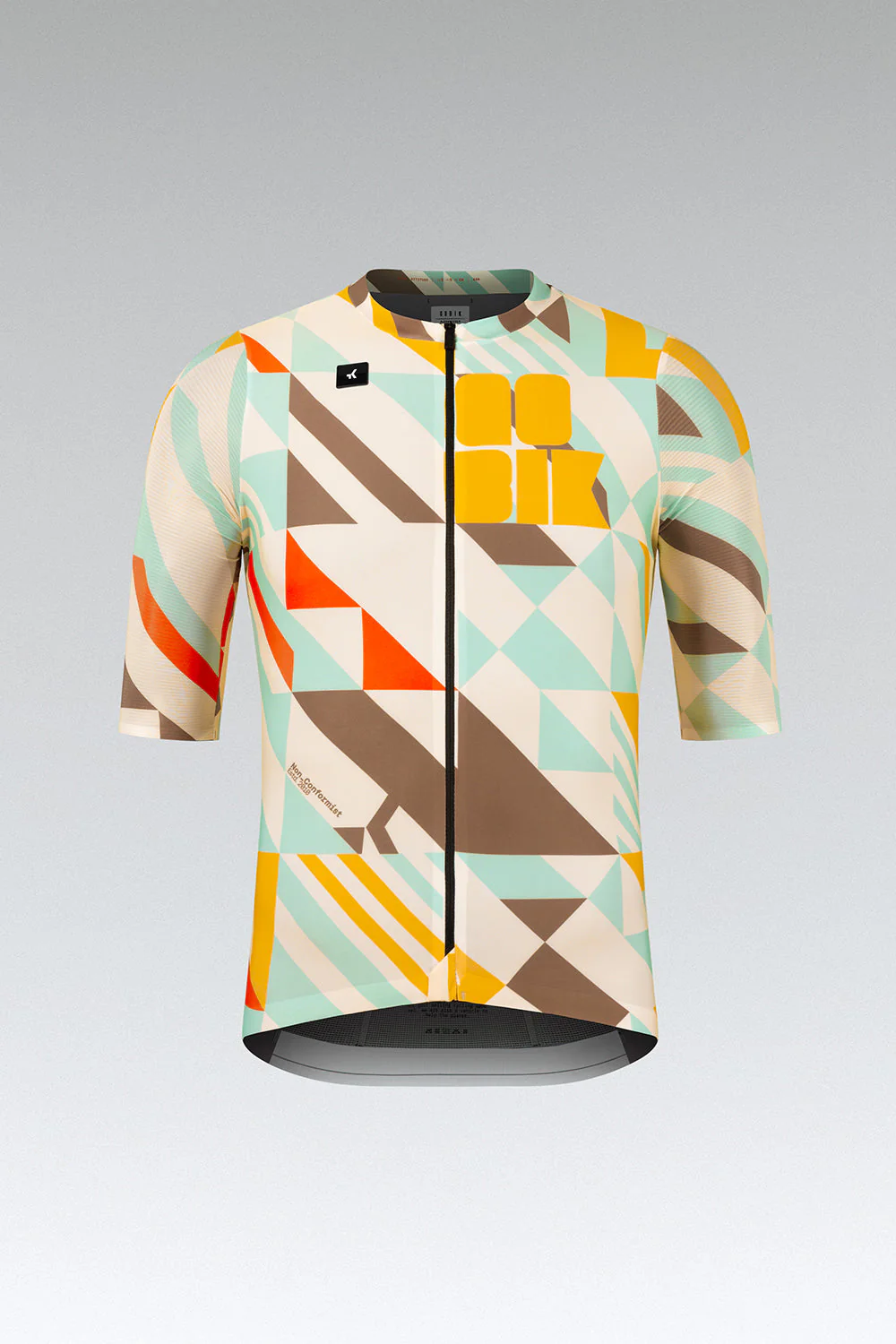 Camisola de ciclismo colorida com padrão geométrico e fecho preto frontal