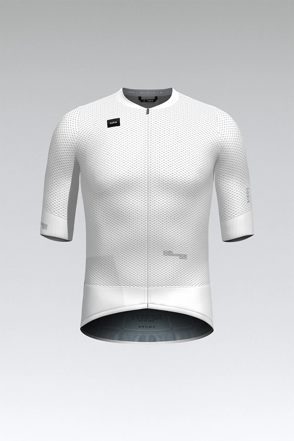 Camisola de ciclismo branca texturizada de manga curta com zíper e etiquetas pretas