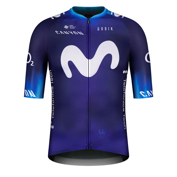Camisola de ciclismo azul escuro com logotipo branco da Movistar