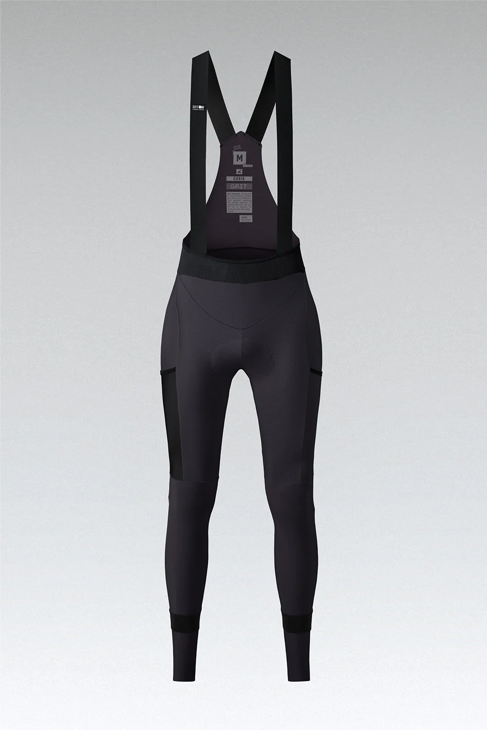 Calças de ciclismo pretas com tiras largas pretas e texto GOBIK GRIT