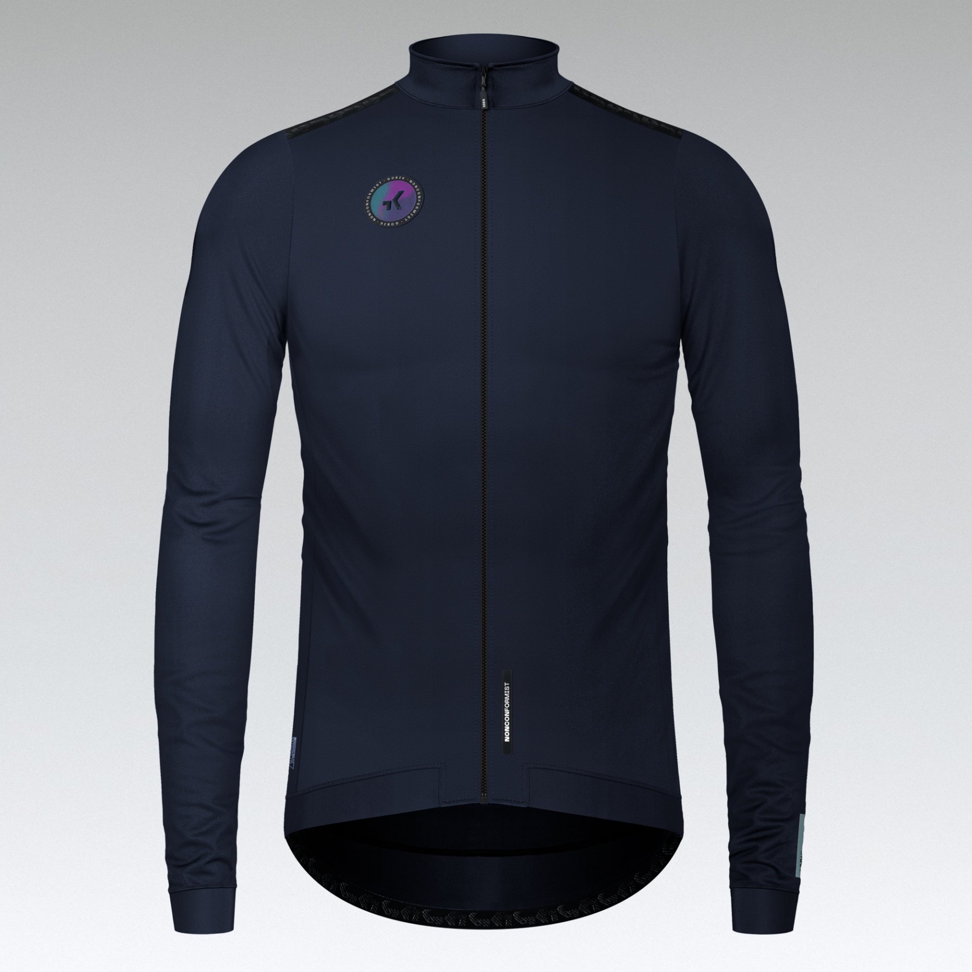 Casaco de ciclismo azul escuro com fecho frontal e logótipo no peito