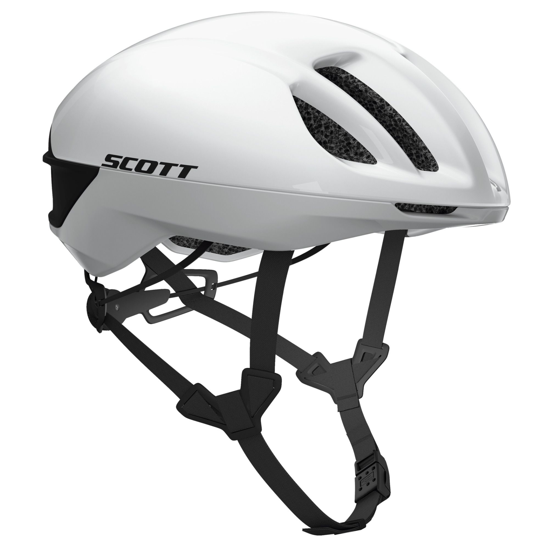 Capacete branco para bicicleta com logo SCOTT e cinto preto ajustável