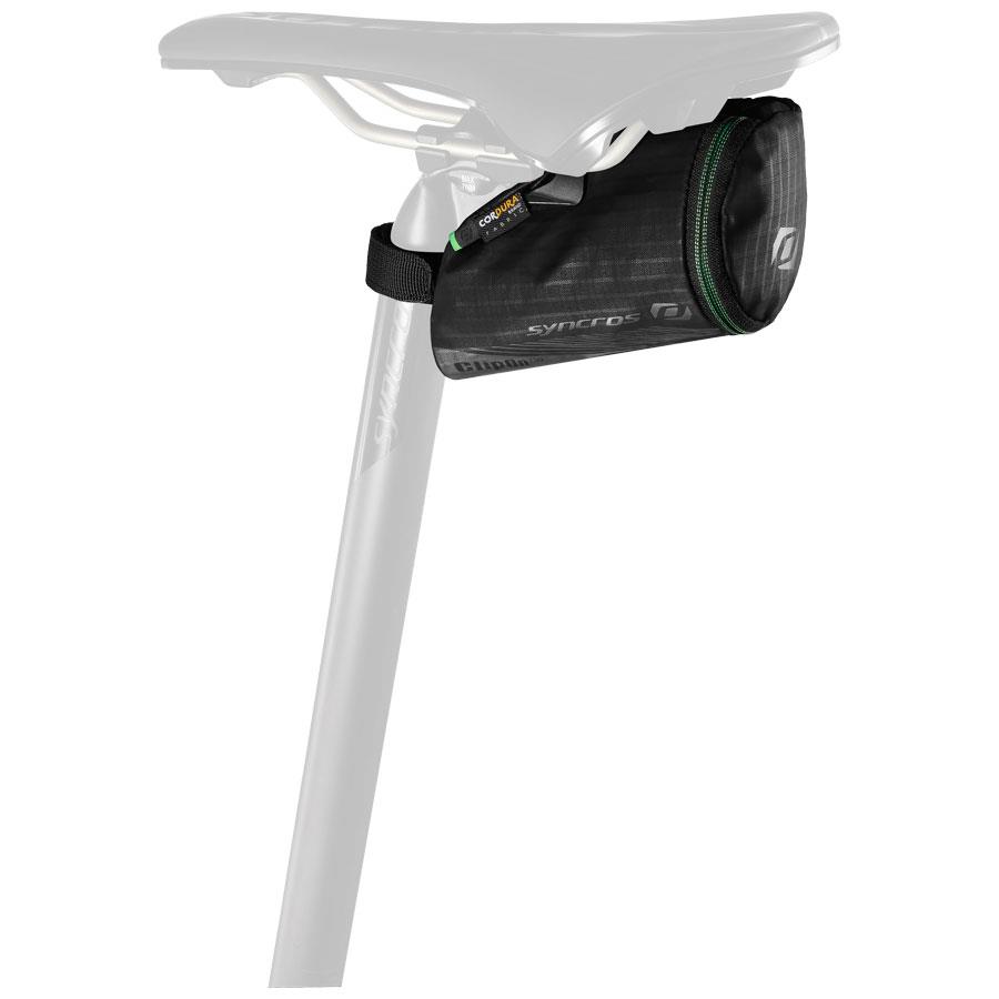 Bolsa preta para selim de bicicleta fixada em selim branco