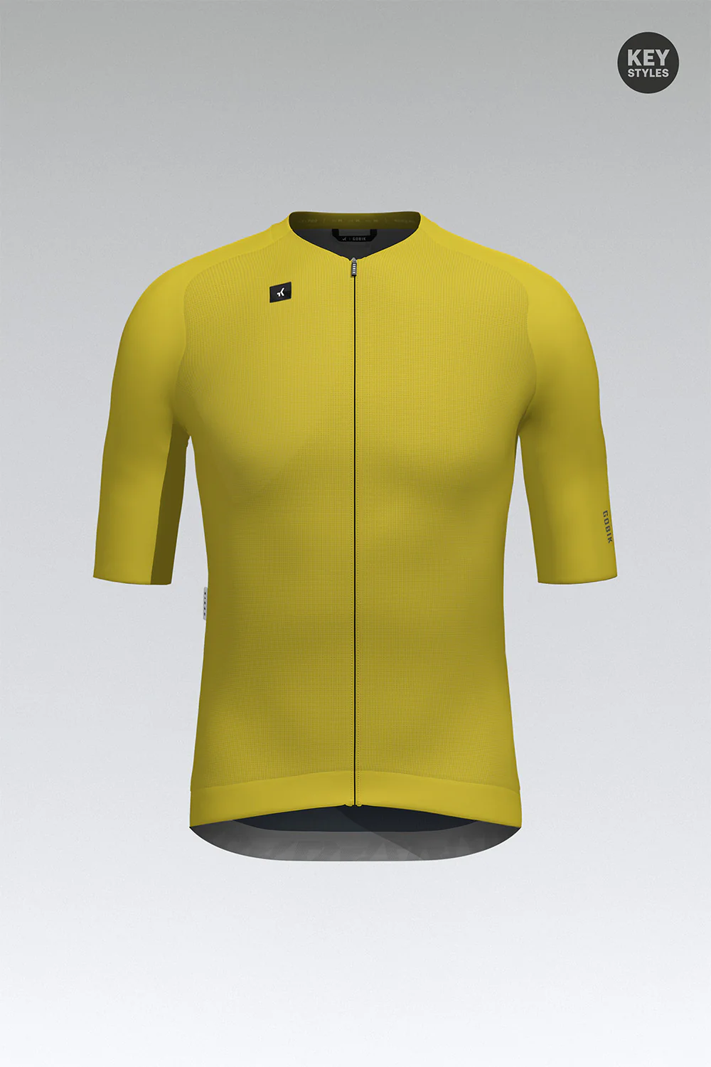 Camisola de ciclismo amarela com fecho e logo preto em fundo cinzento