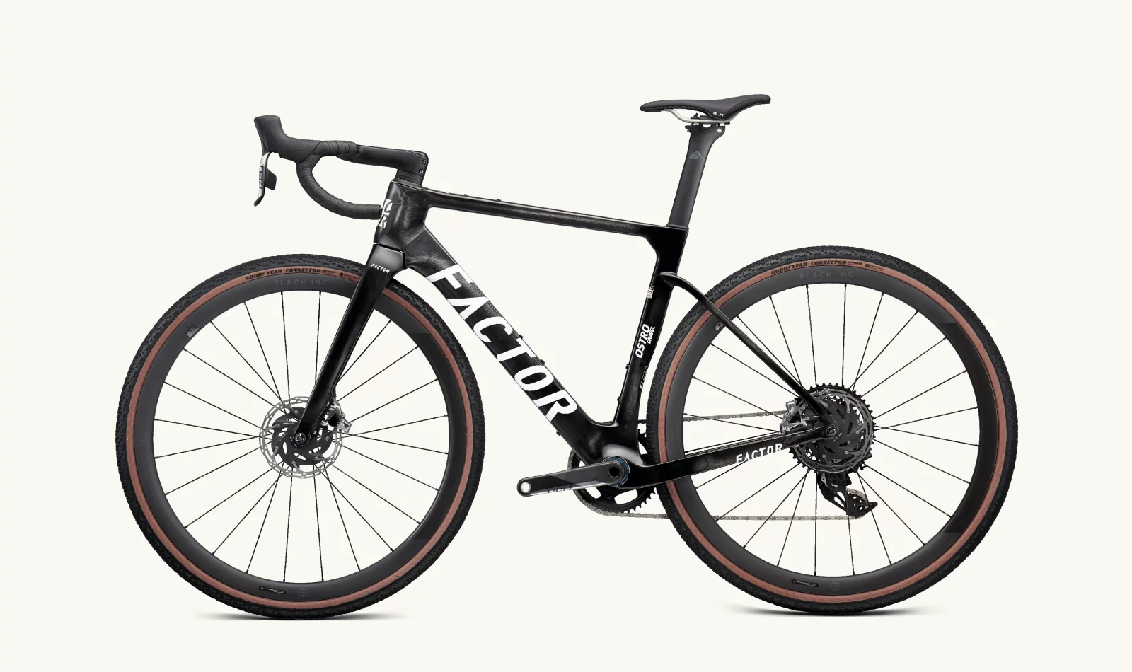 Bicicleta de estrada preta FACTOR OSTRO GRX com pneus de borda castanha