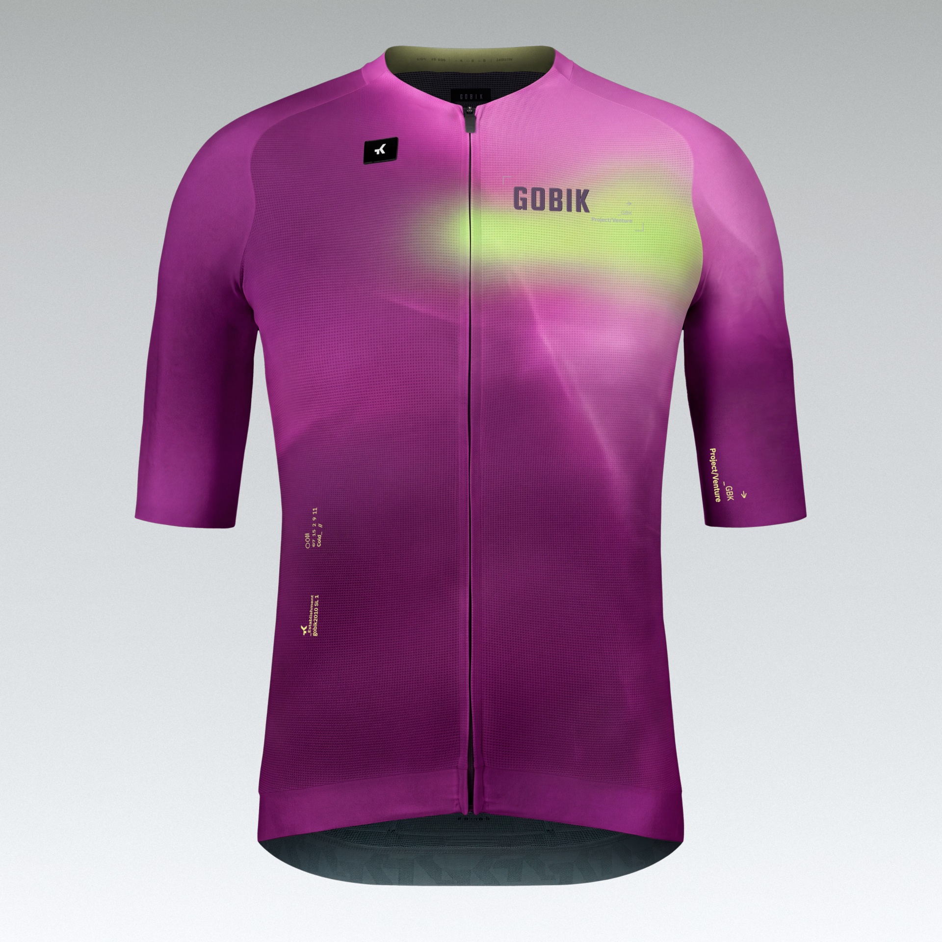 Camisola ciclismo manga curta rosa com degradê amarelo e zíper.