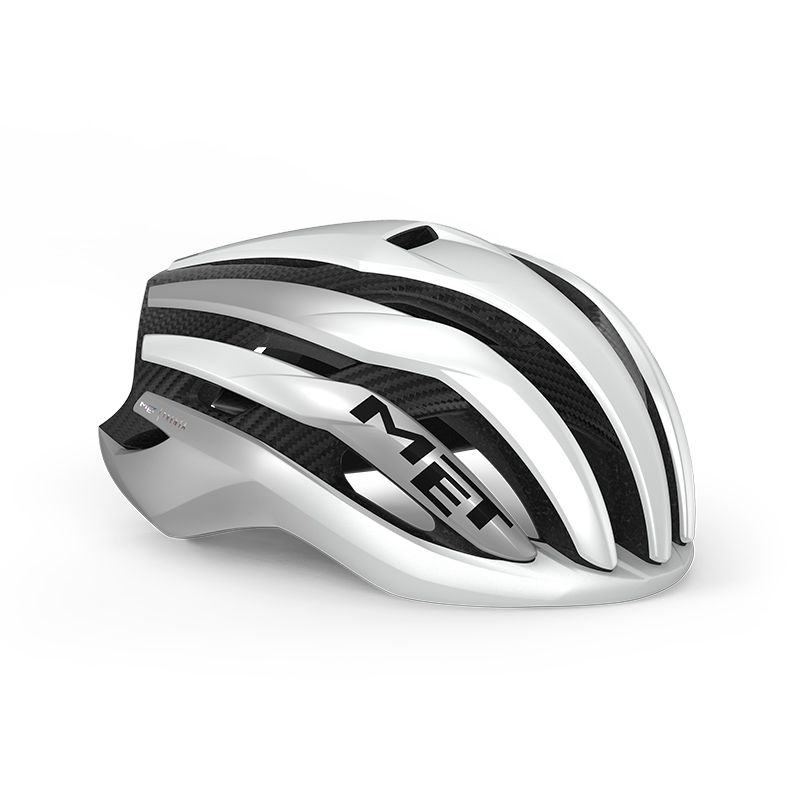 Capacete ciclismo branco com faixas pretas e marca MET