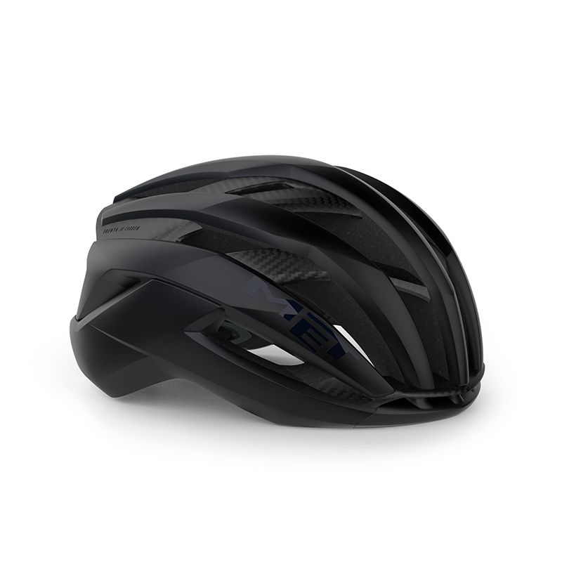 Capacete de ciclismo preto com detalhes em carbono e texto azul escuro FEL