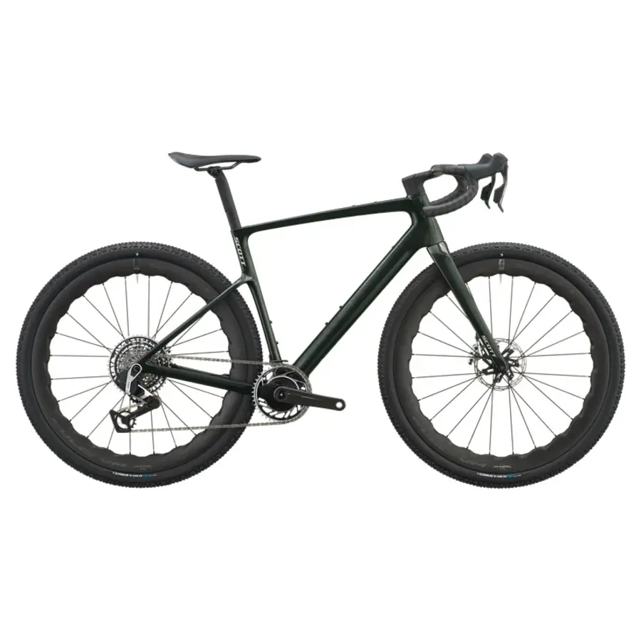 Bicicleta de estrada preta com quadro em carbono e pneus grossos
