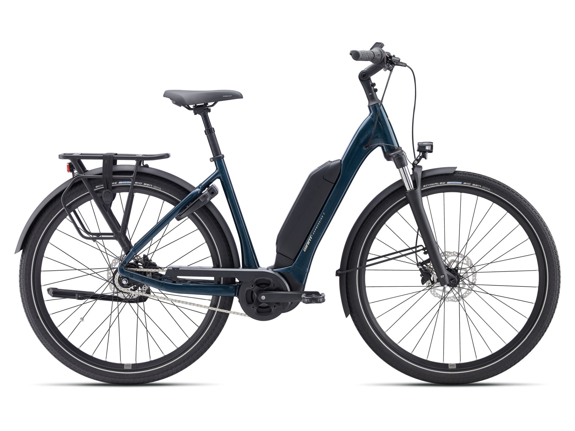 Bicicleta elétrica azul com banco e bagageira preta