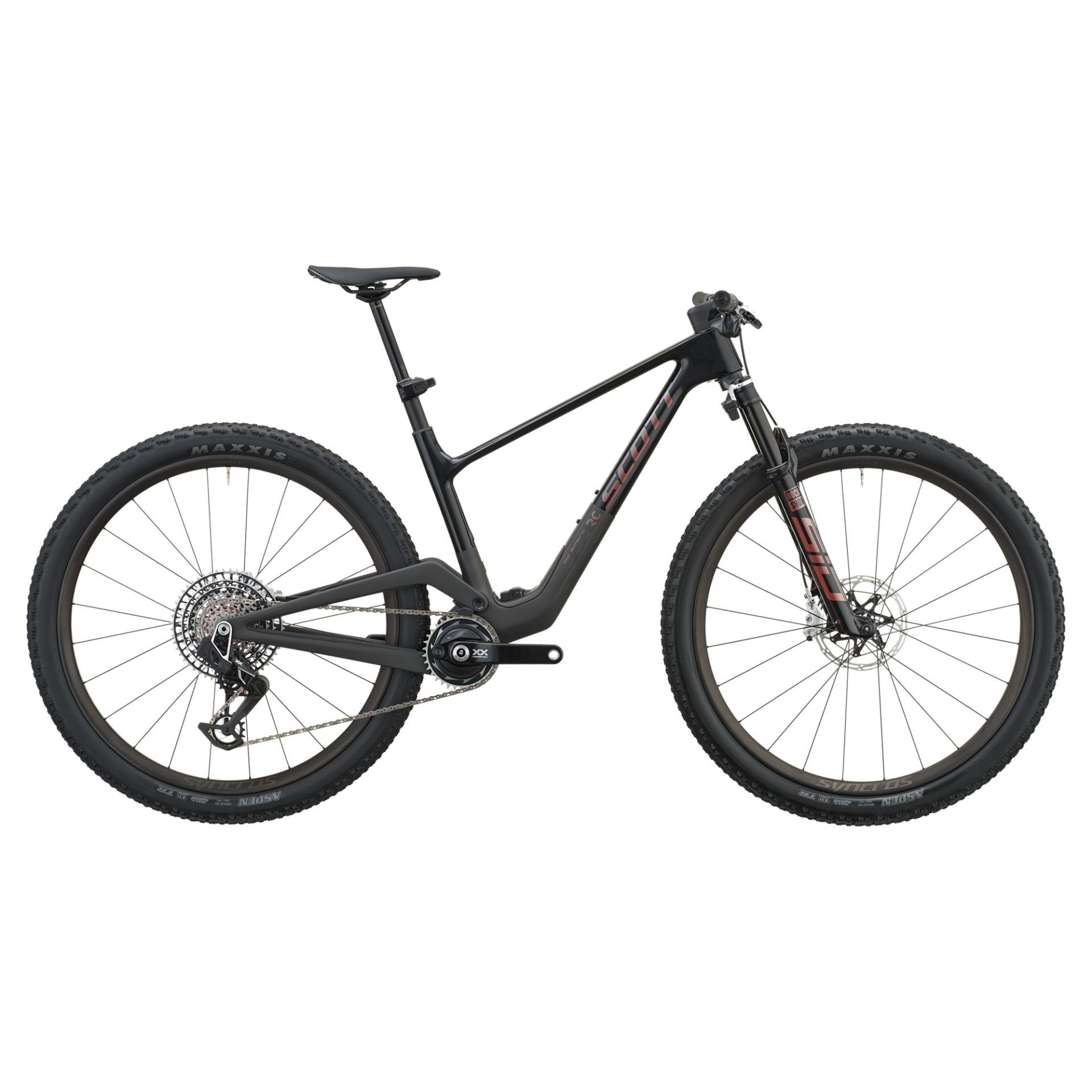 Bicicleta de montanha preta com quadro em carbono e pneus Maxxis