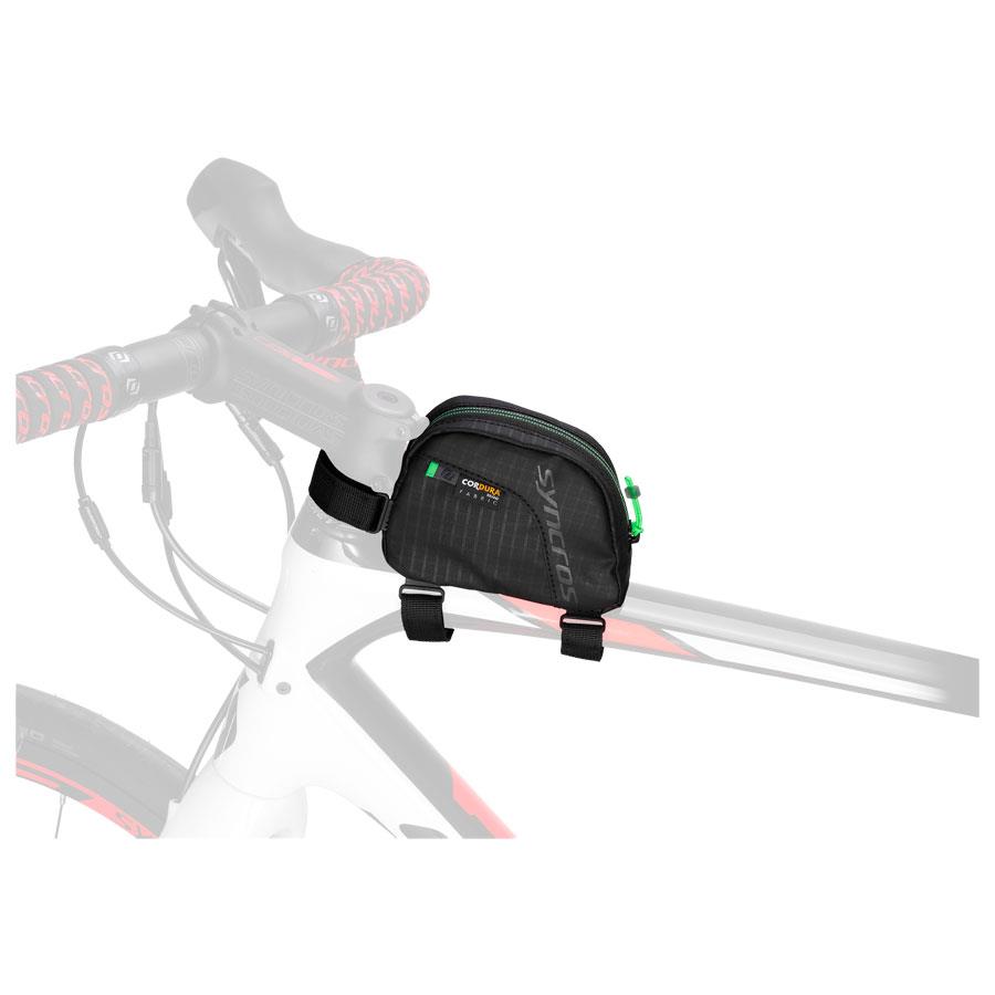 Bolsa preta para bicicleta com fecho verde fixada no quadro da bicicleta