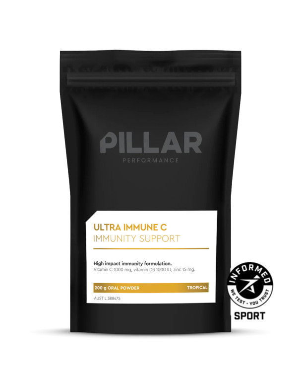 Saco preto de suplemento alimentar ULTRA IMMUNE C da PILLAR PERFORMANCE com selo INFORMED SPORT