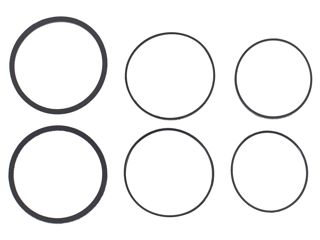 Seis anéis circulares de borracha em duas cores, organizados em duas linhas