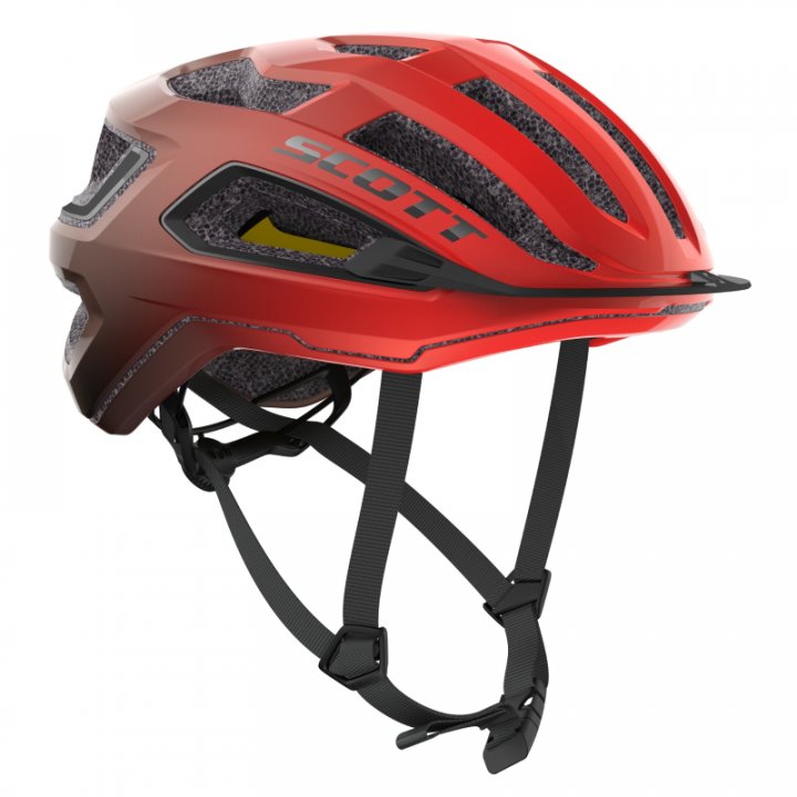 Capacete de bicicleta vermelho e preto com tiras ajustáveis