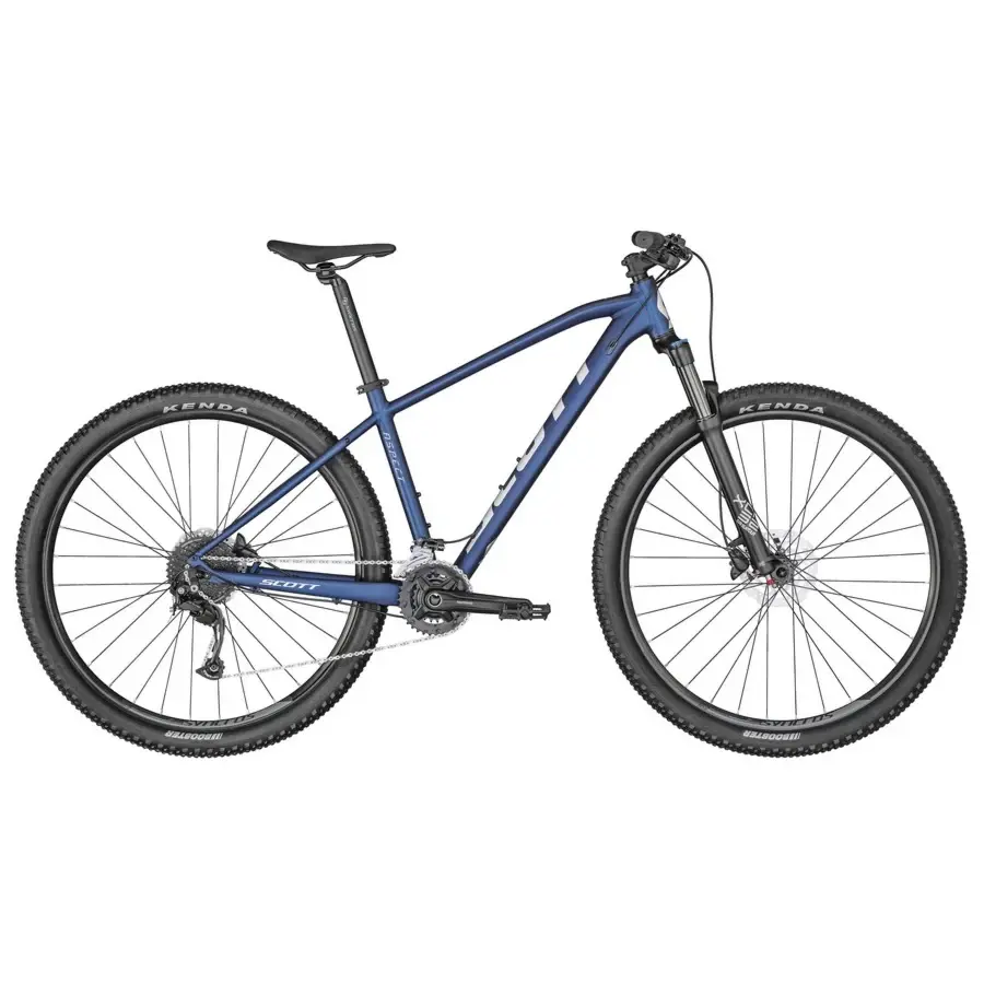Bicicleta de montanha azul escuro vista lateral