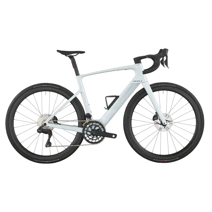 bicicleta de estrada SCOTT branca com rodas pretas e guiador curvo preto