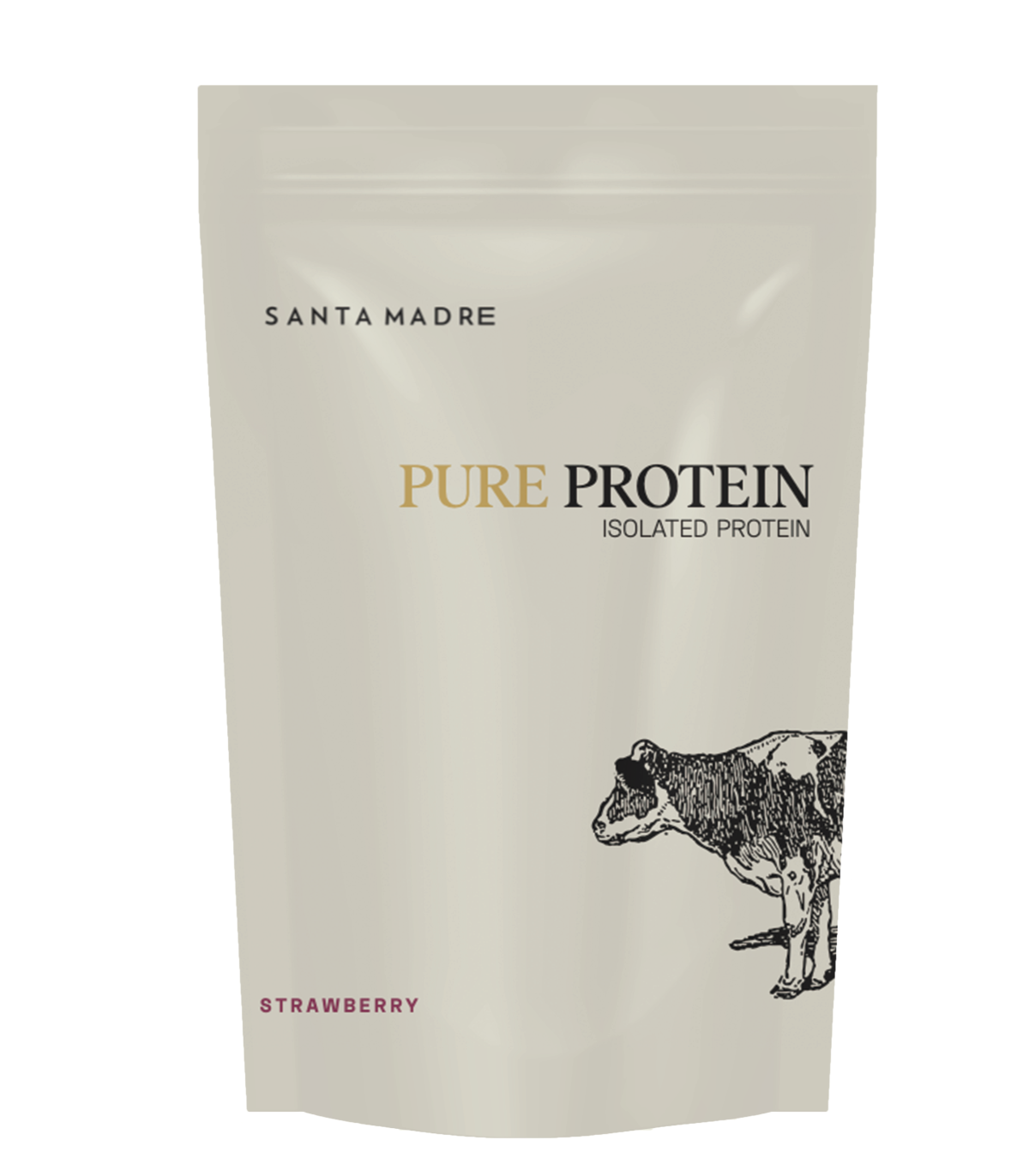Embalagem creme de suplemento proteico Strawberry com texto e desenho de vaca