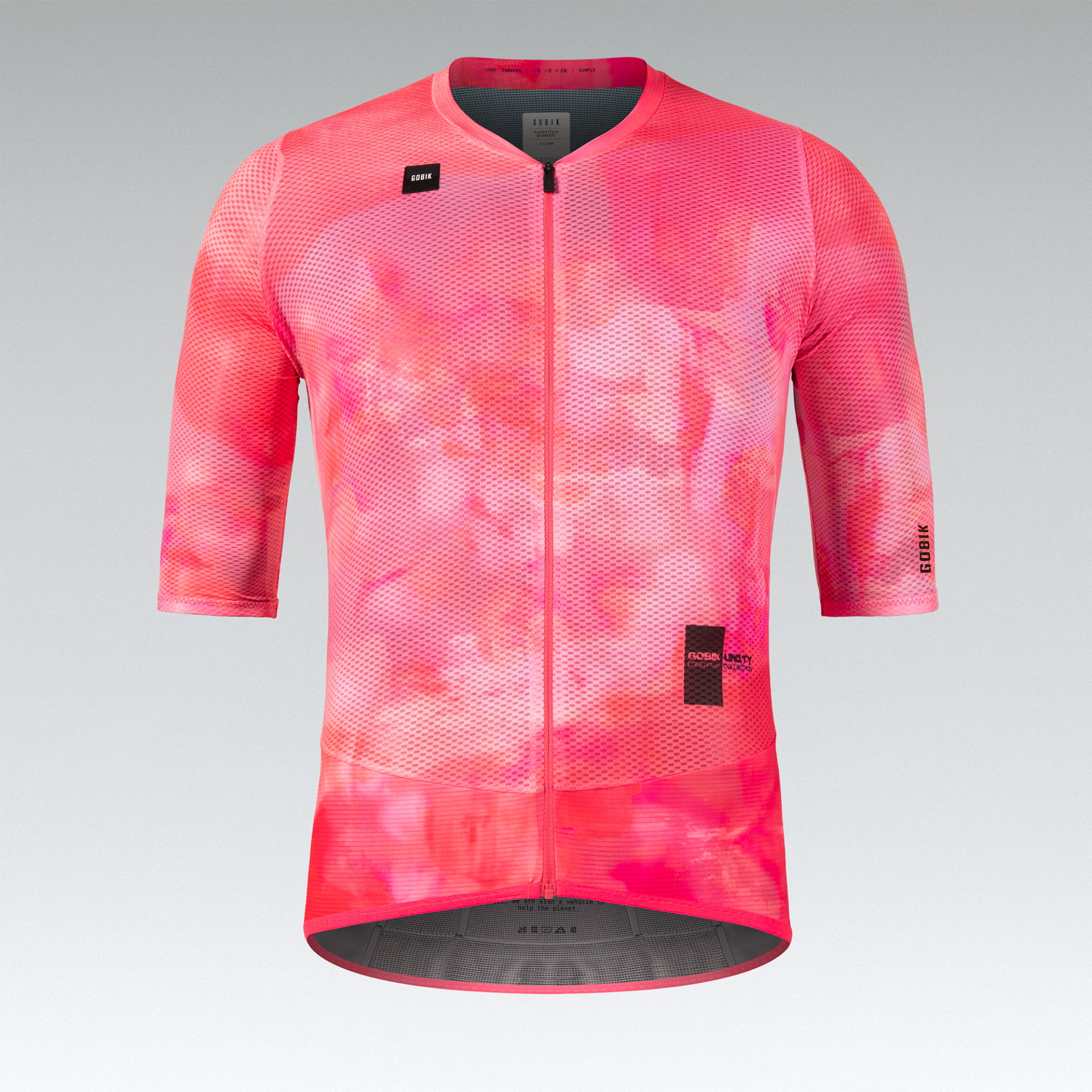 Camisola de ciclismo rosa de malha respirável com fecho e estampas pretas.