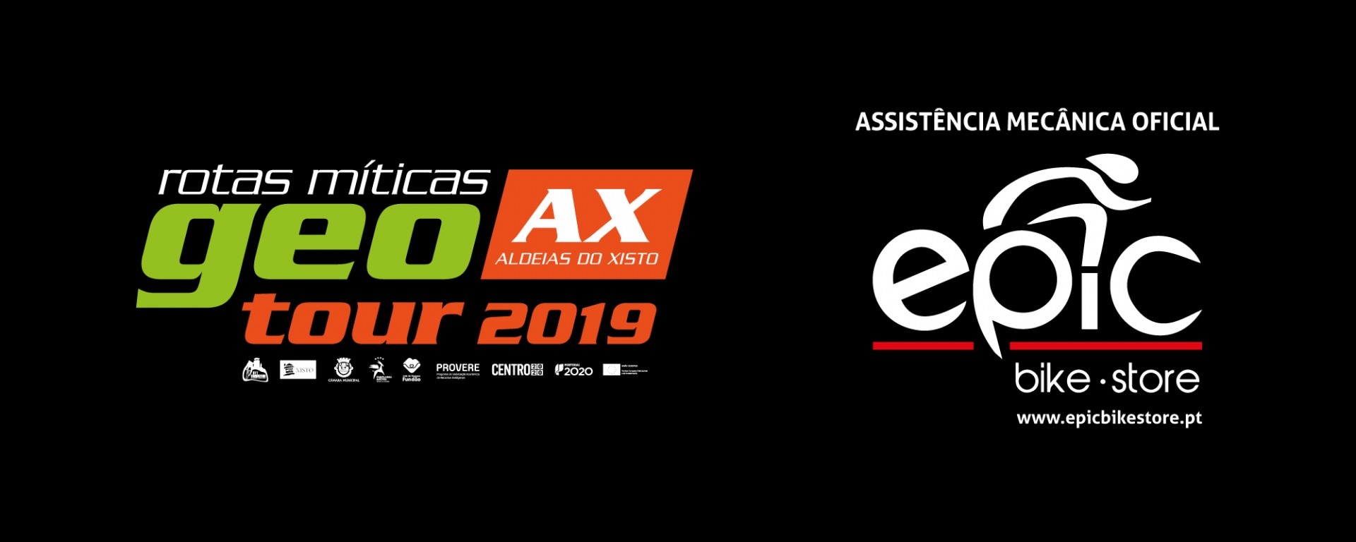 Imagem com texto promocional de evento geo AX tour 2019 e logotipo da epic bike store.