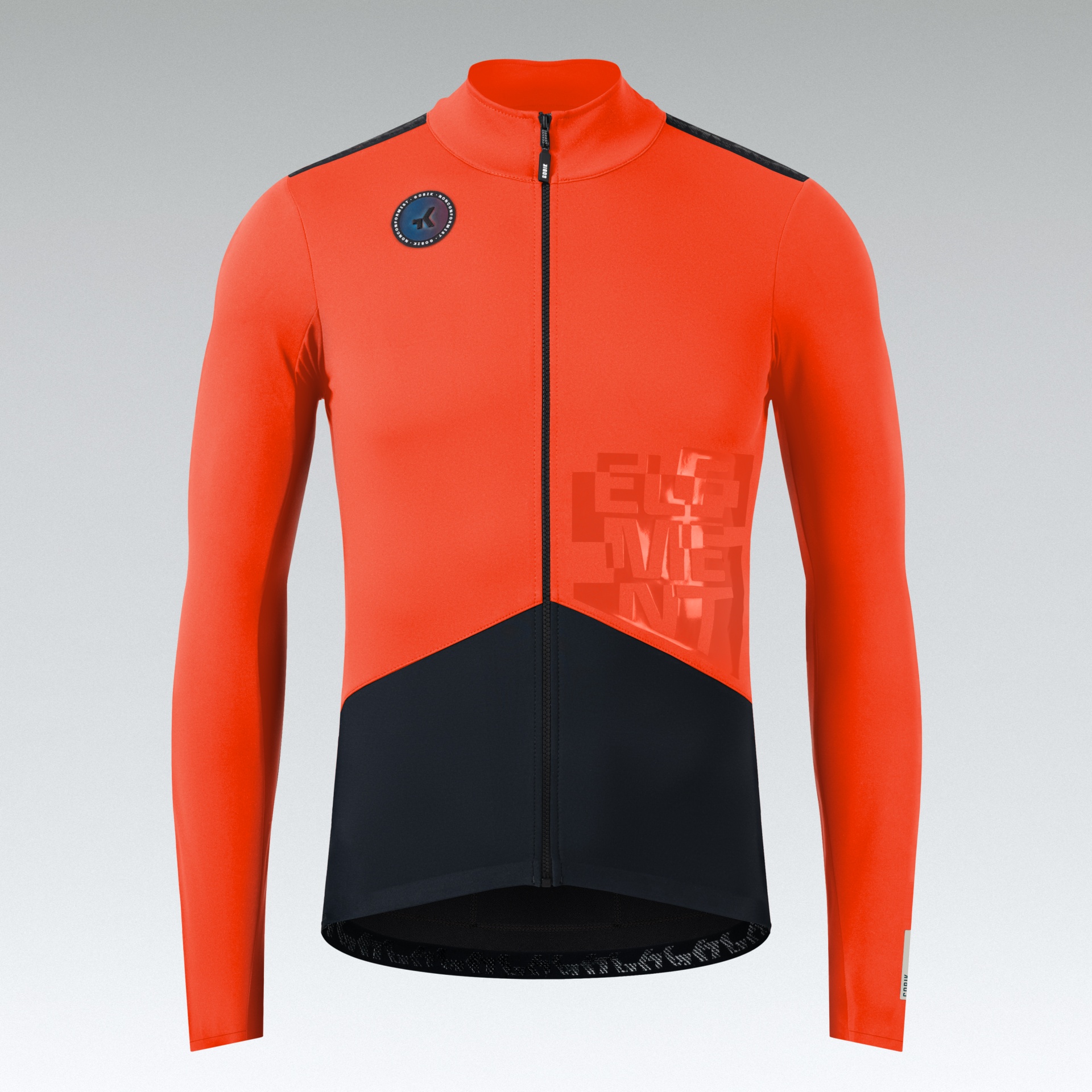 Camisa de ciclismo laranja e preta com padrão e fecho frontal
