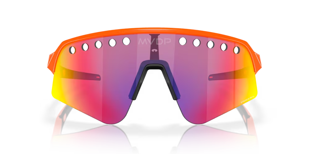 Óculos desportivos com lentes espelhadas cor-de-rosa e armação laranja