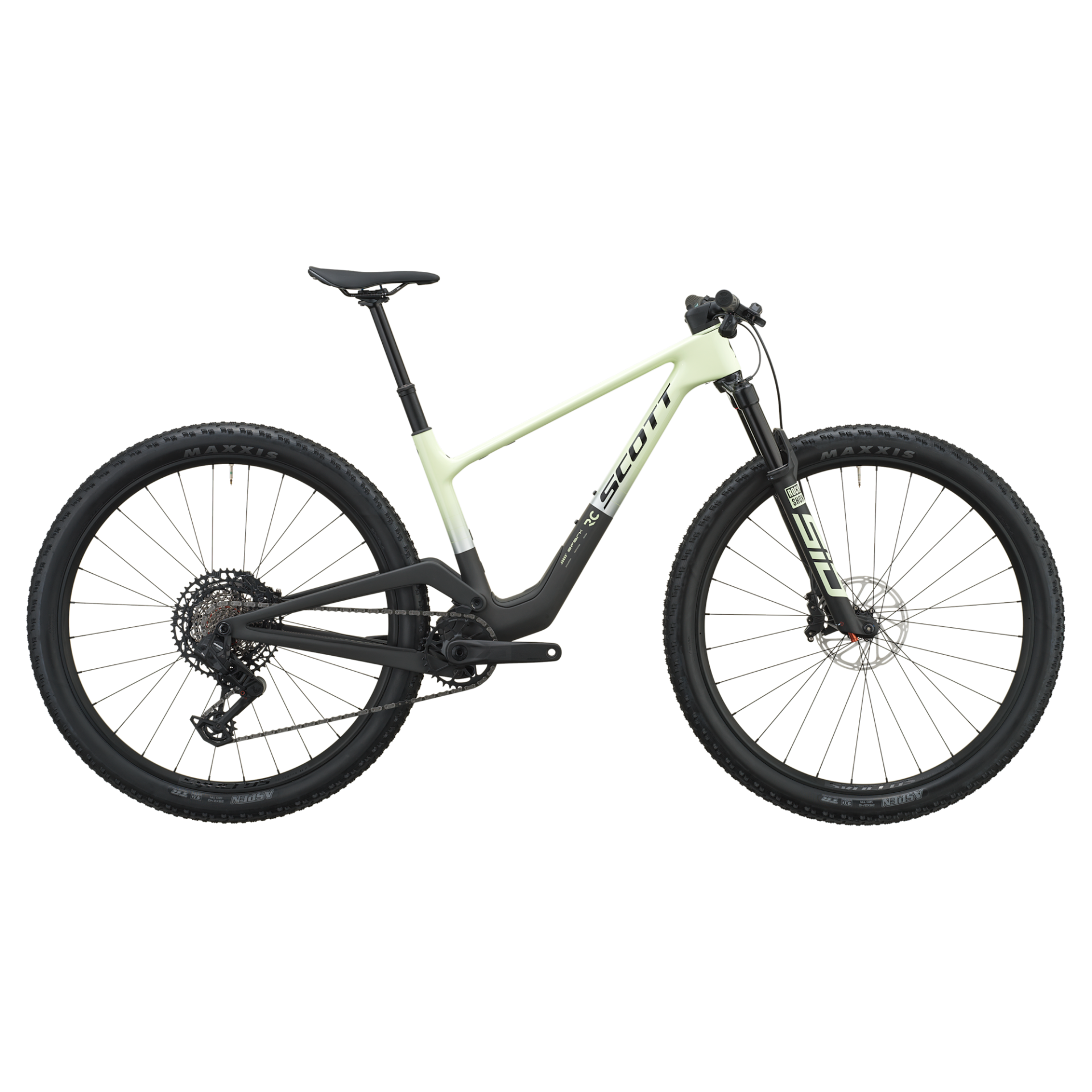 Bicicleta de montanha SCOTT preto e verde-claro com pneus Maxxis Aspens e suspensão RockShox SID