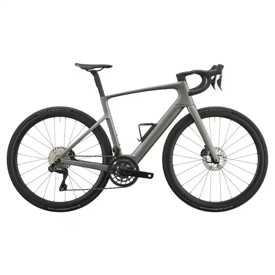 Bicicleta de estrada elétrica cinza fosco com pneus e assento pretos