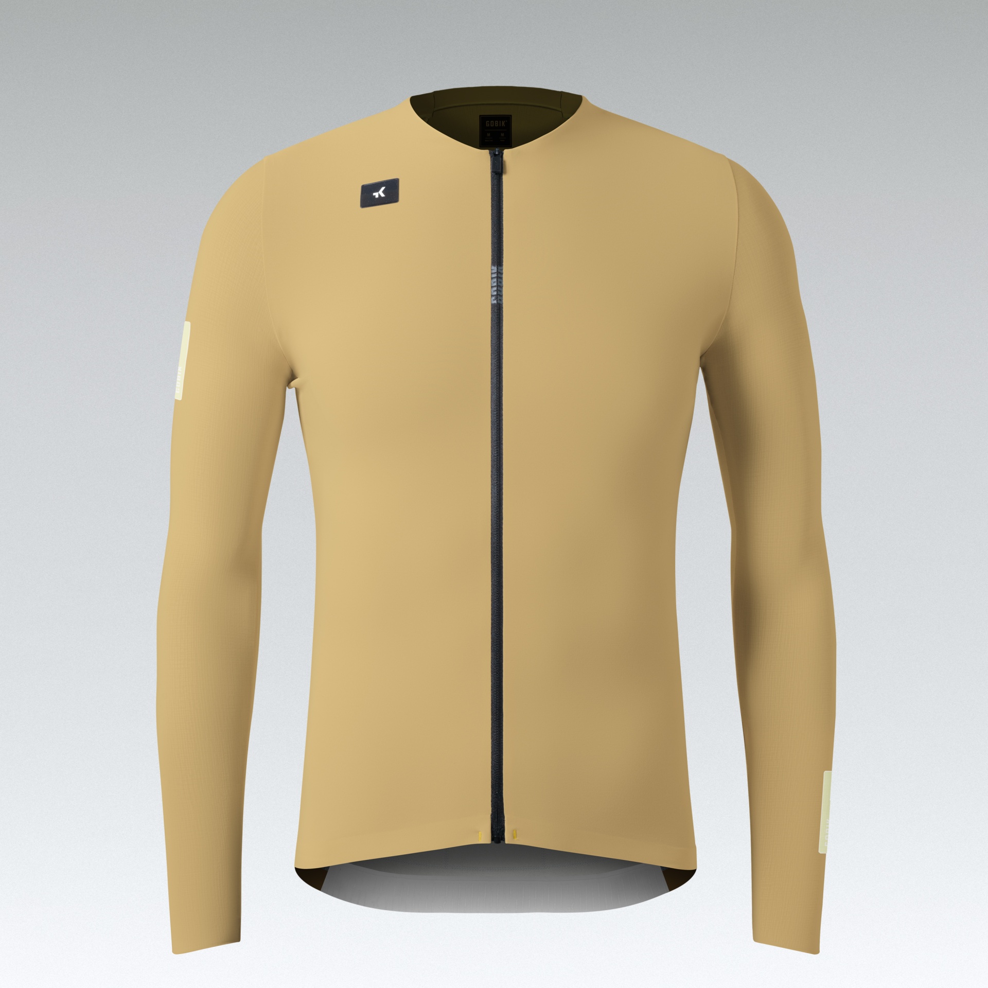 Camisola de ciclismo bege com fecho preto e logótipos.