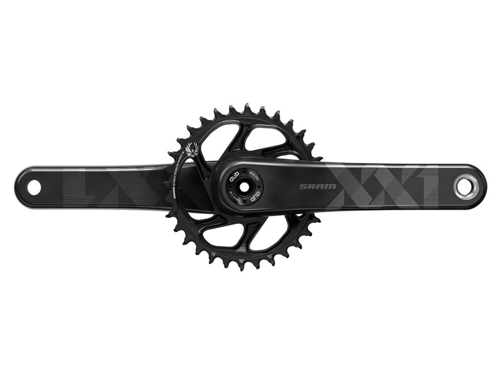 Pedaleira preta de bicicleta com coroa e texto SRAM XX1