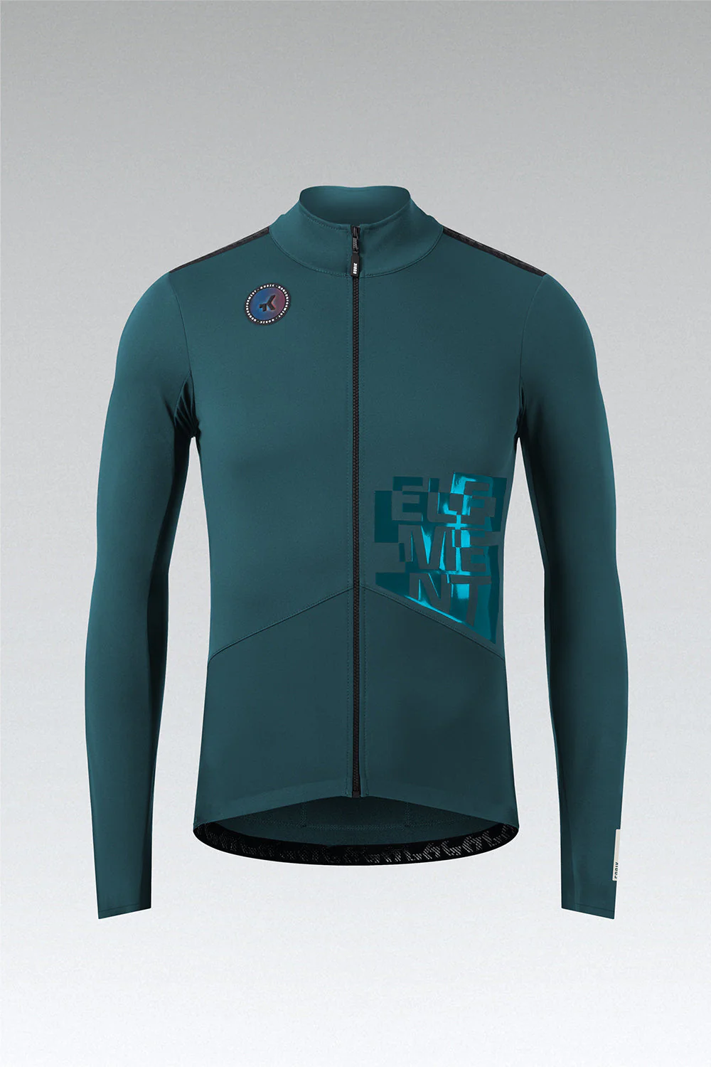 Camisola desportiva verde-escuro com fecho, padrão azul refletor e emblema