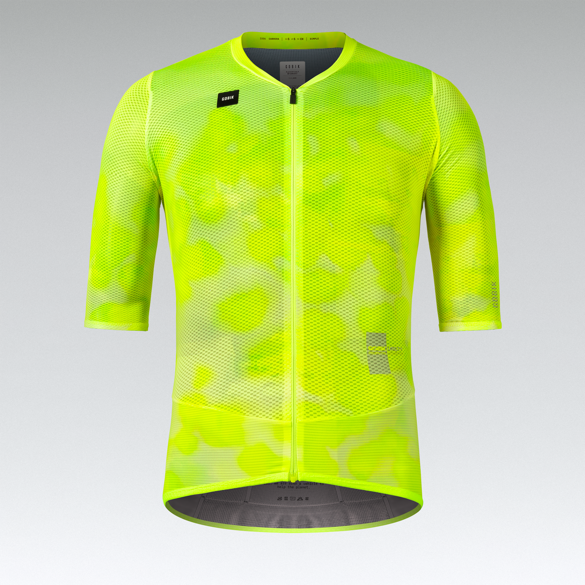 Camisola de ciclismo amarela fluorescente com padrão camuflado e fecho de correr.