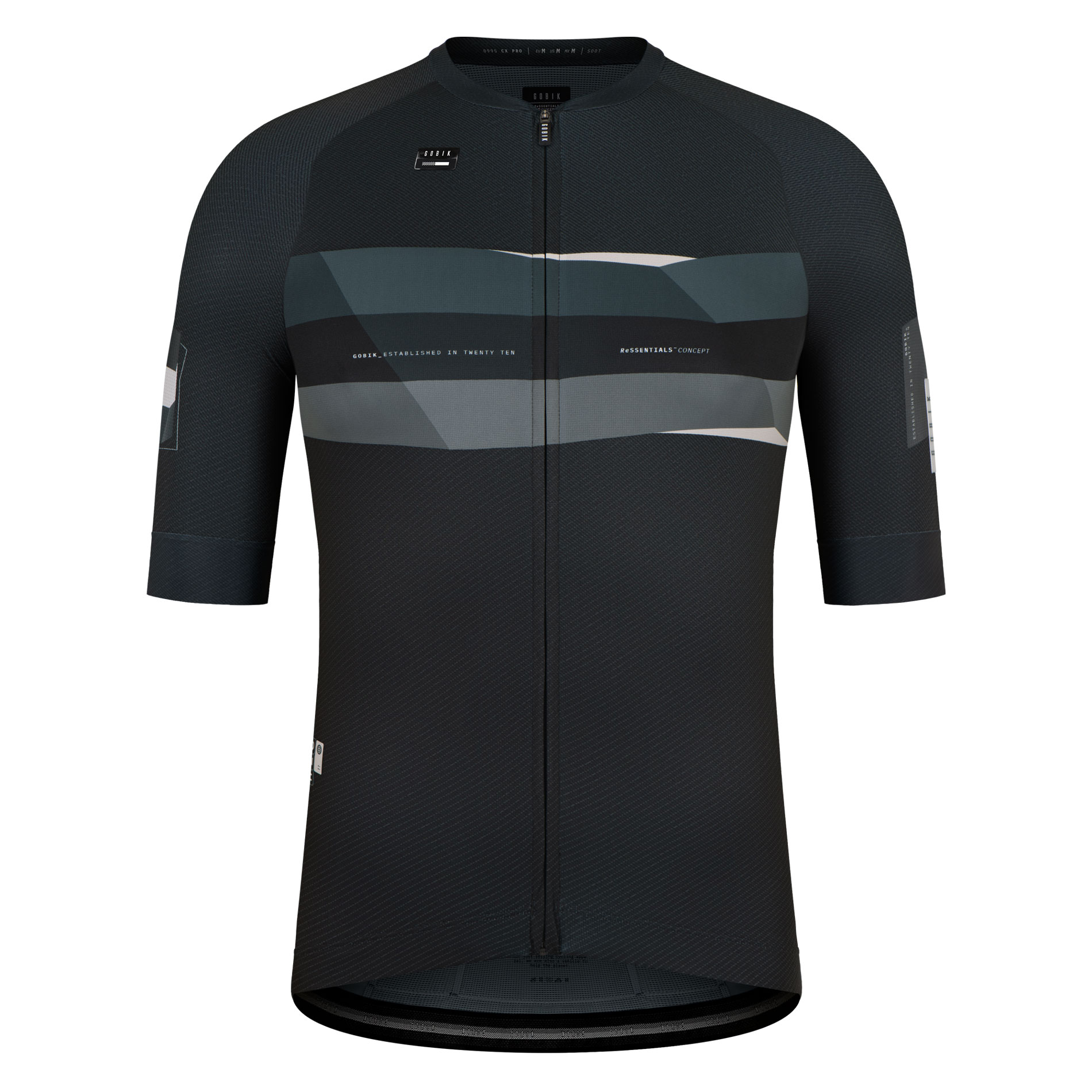 Camisola de ciclismo preta com detalhes cinza, mangas curtas e fecho frontal