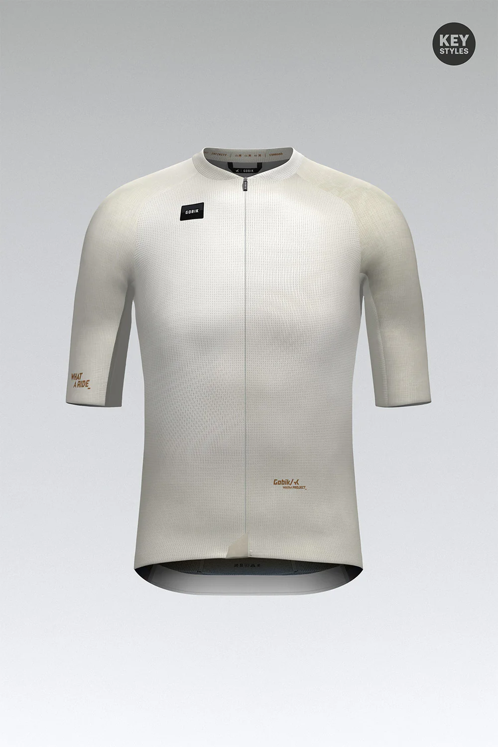 Camisola ciclismo branca de manga curta com texto e logótipos