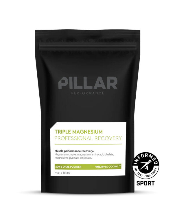 Saco preto de suplemento em pó PILLAR PERFORMANCE TRIPLE MAGNESIUM PROFESSIONAL RECOVERY sabor PINEAPPLE COCONUT