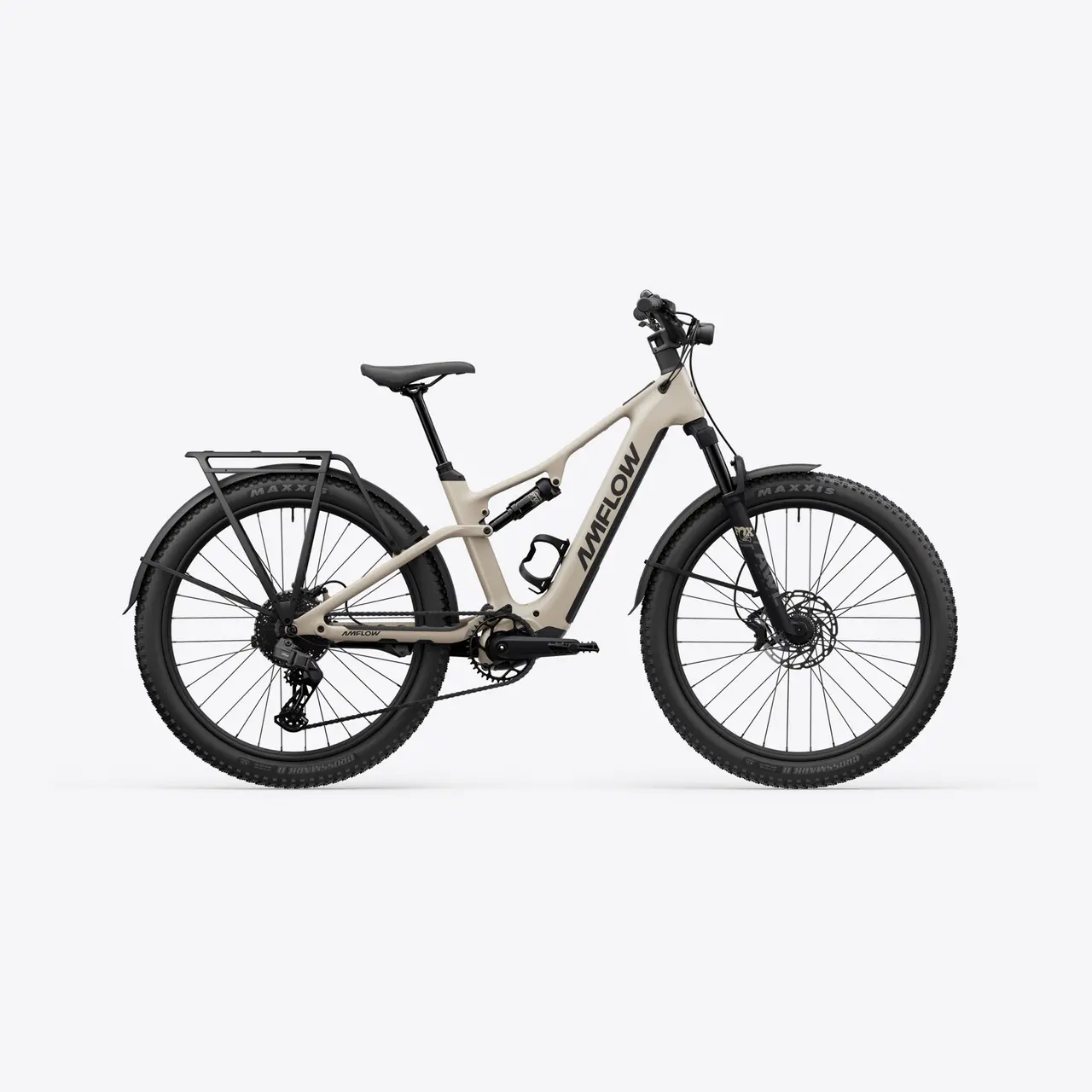 Bicicleta elétrica AMFLOW bege e preta com pneus grossos e suspensão
