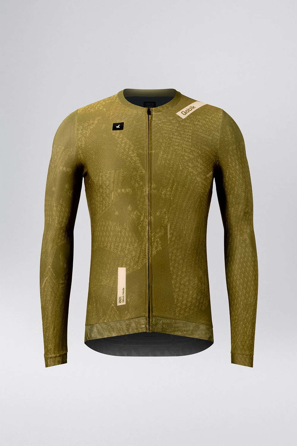 Camisola ciclismo verde-oliva de manga comprida com fecho frontal e logo Gobik no ombro