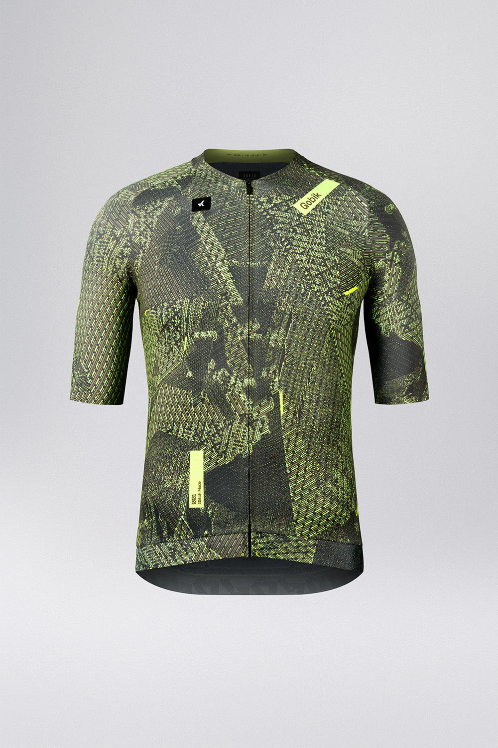 Camisola técnica de ciclismo verde-limão e preto com padrão abstrato e fecho frontal.