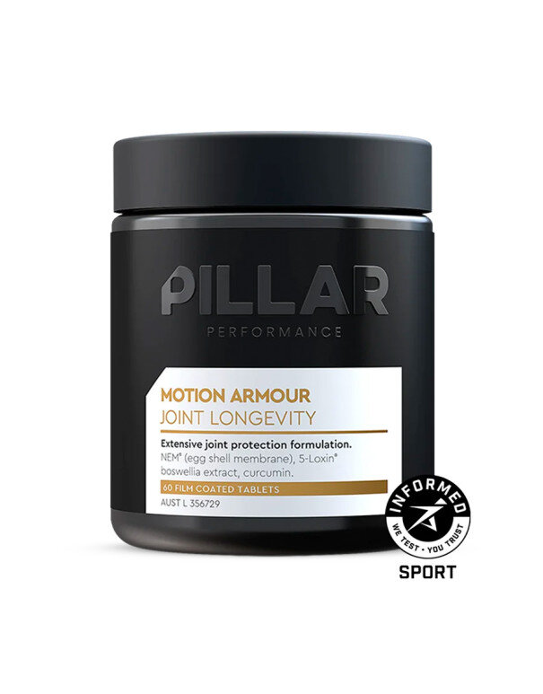 Frasco preto PILLAR PERFORMANCE MOTION ARMOUR JOINT LONGEVITY com selo INFORMED SPORT