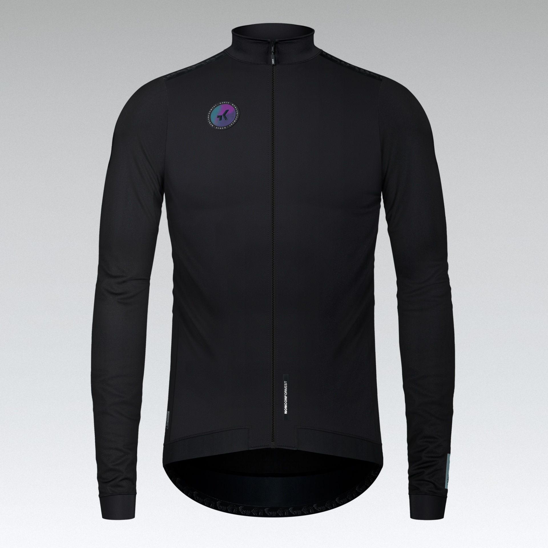 Casaco de ciclismo preto de manga longa com fecho de correr e logótipo colorido no peito