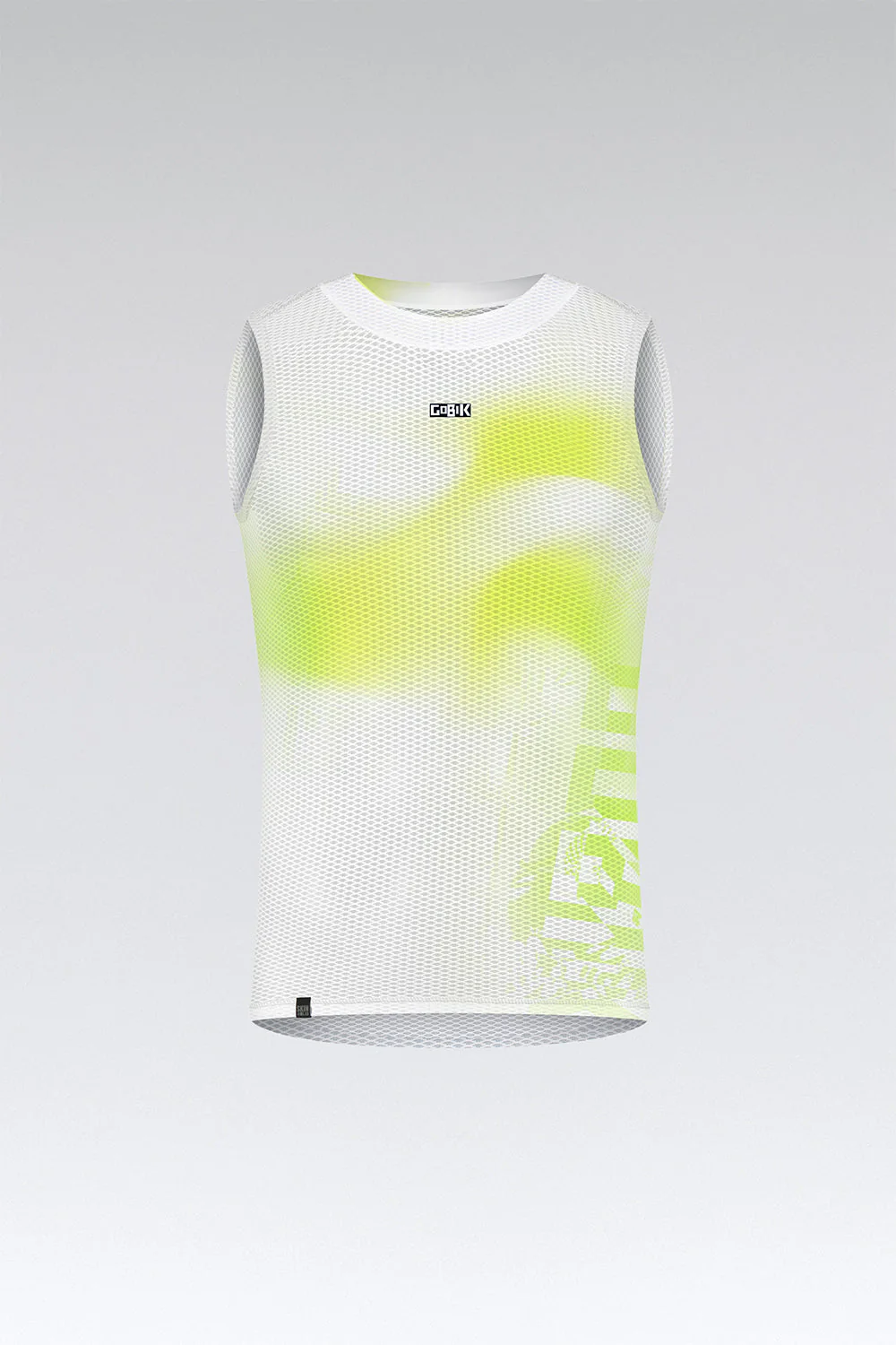 Camisola desportiva sem mangas branca com padrão amarelo esverdeado e logótipo ETXEONDO