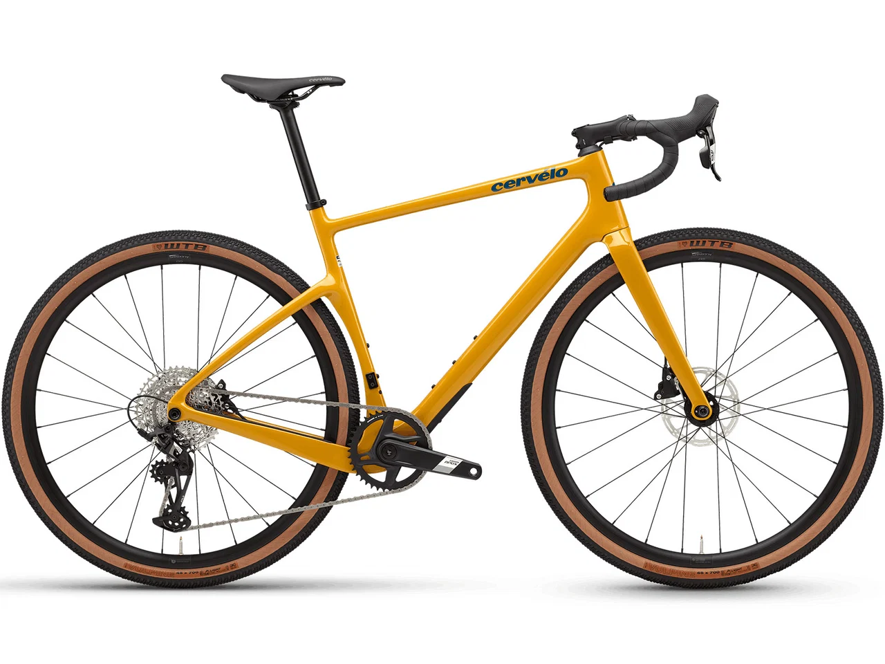 Bicicleta de corrida amarela com quadro de carbono e pneus WTB castanhos e pretos