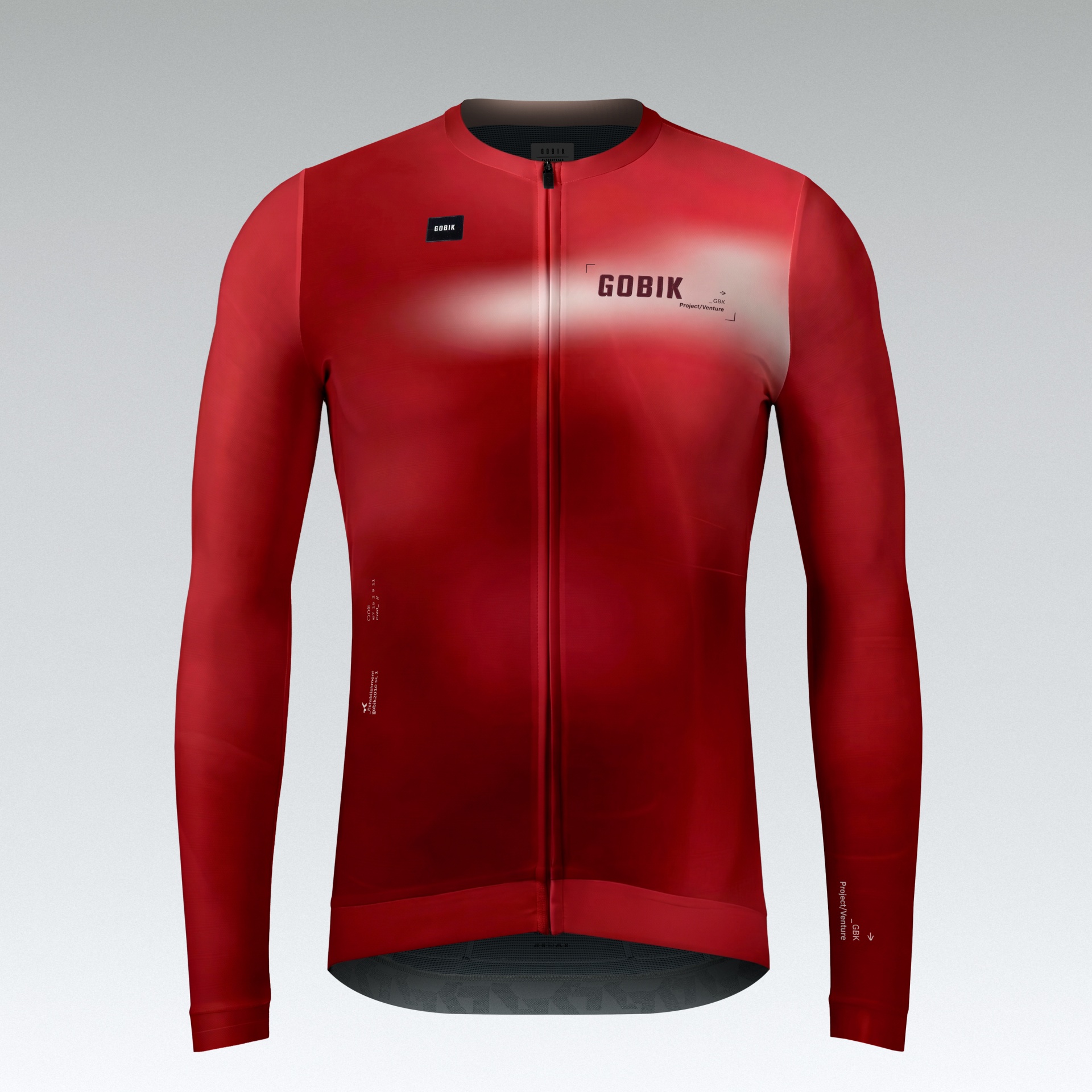 Casaco de ciclismo vermelho de manga comprida com fecho frontal e texto GOBIK Project/Venture