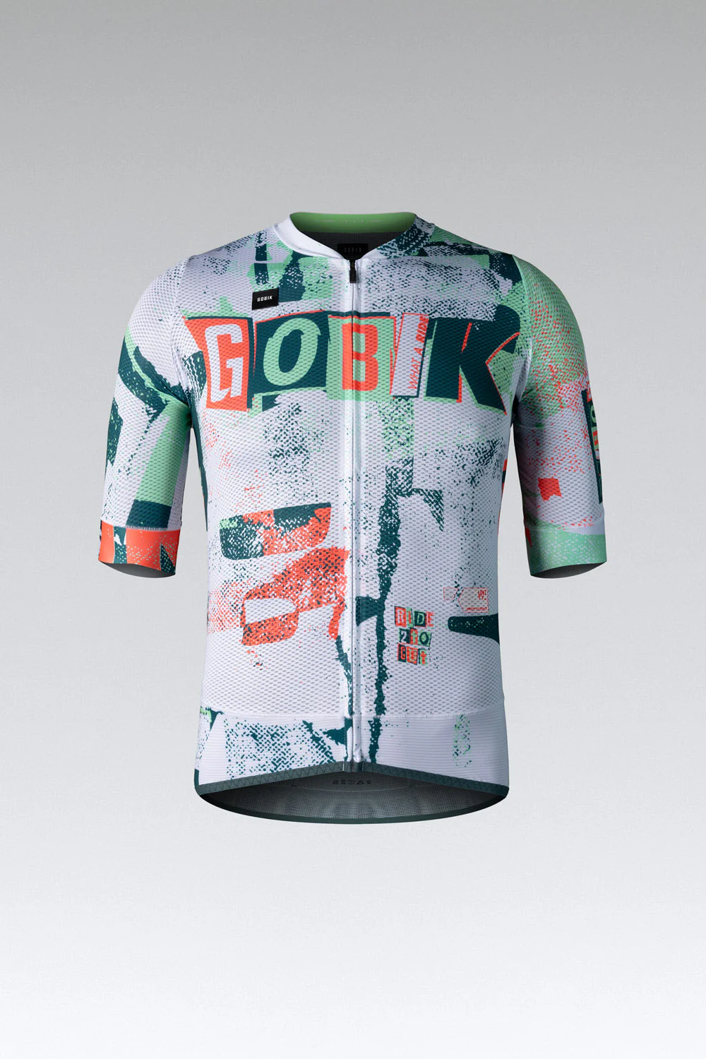 Camisola de ciclismo multicolor com fecho de correr frontal e padrões abstratos