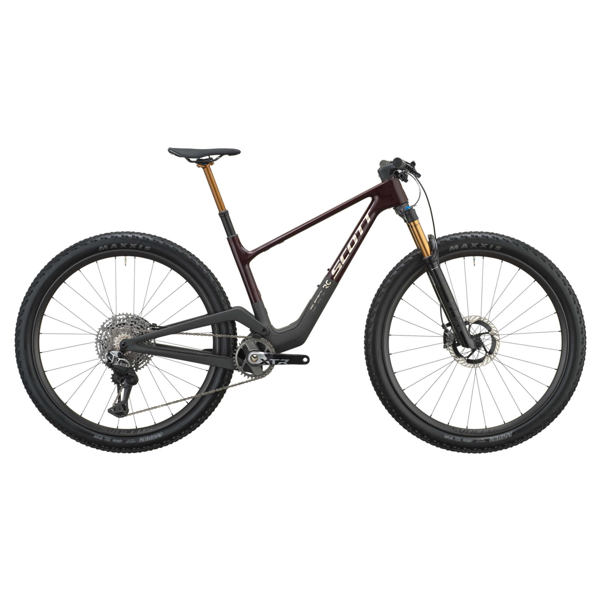 Bicicleta de montanha com quadro preto e borgonha,