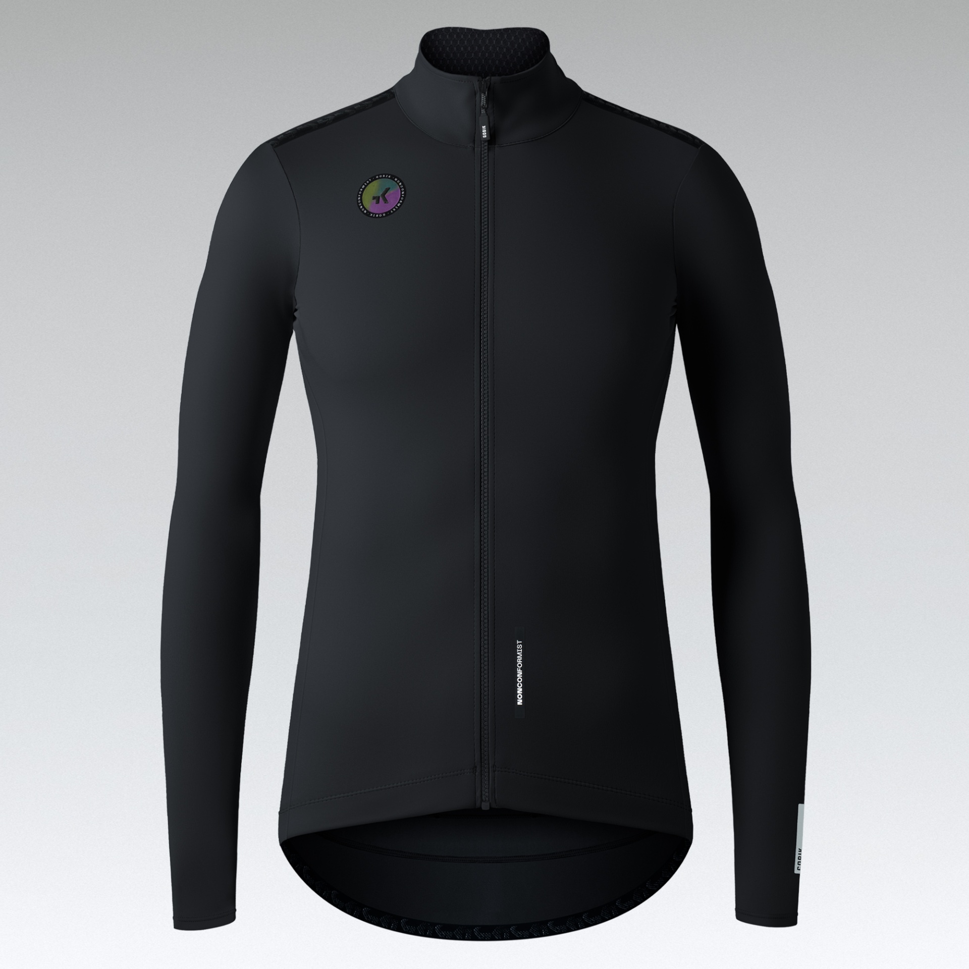 Casaco desportivo preto de manga comprida com fecho frontal e logótipo colorido no peito