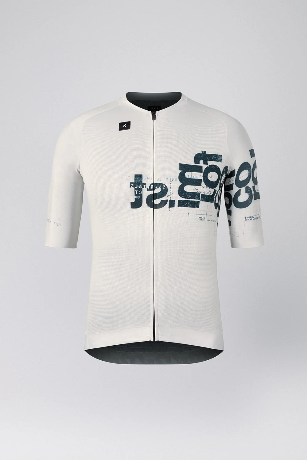 Camisola de ciclismo branca com texto gráfico preto e fecho frontal